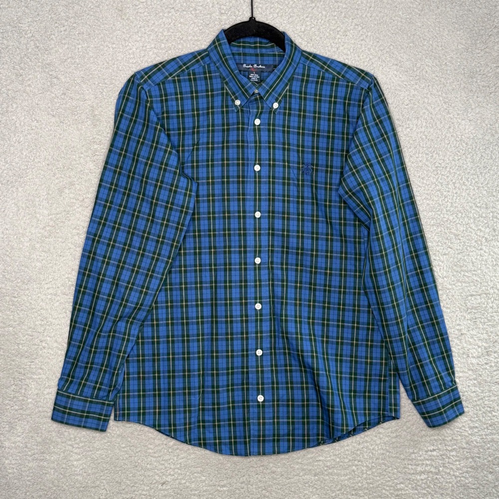 Brooks Brothers Fleece Mens Blue Green Plaid Non-Iron Cotton Shirt L 4483
